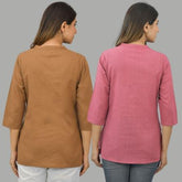Combo of 2 Pink and Brown Cotton Flax Women Top-