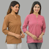 Combo of 2 Pink and Brown Cotton Flax Women Top-