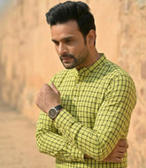 Checked Short Cotton Yellow Kurta