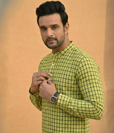 Checked Short Cotton Yellow Kurta