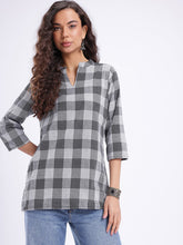 Checked Mandarin Collar Cotton Top