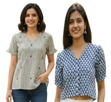 Combo of 2 BEIGE And BLUE Cotton Flax Women Top