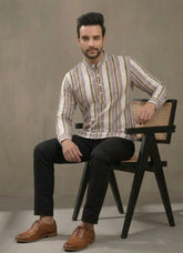 Men Striped Keyhole Neck Thread Work Kaftan Kurta