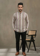 Men Striped Keyhole Neck Thread Work Kaftan Kurta