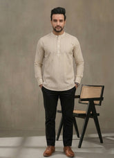 Men Striped Keyhole Neck Thread Work Handloom Pathani Kurta