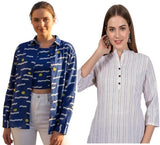 Combo of 2 Blue and White Cotton Stripe Women Top