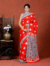 Bagru Block Print Cotton mulmul Sarees With Running Blouse Red Floral Saree HS-5002
