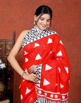 Bagru Block Print Cotton mulmul Sarees With Running Blouse Red Floral Saree HS-5002