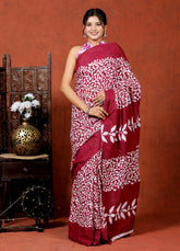 Bagru Block Print Cotton mulmul Sarees With Running Blouse Wine Saree HS-5003