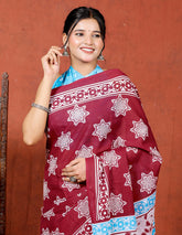 Bagru Block Print Cotton mulmul Sarees With Running Blouse Wine HS-5004
