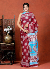 Bagru Block Print Cotton mulmul Sarees With Running Blouse Wine HS-5004
