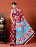 Bagru Block Print Cotton mulmul Sarees With Running Blouse Wine HS-5004
