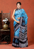 Bagru Block Print Cotton mulmul Sarees With Running Blouse Sky Blue HS-5005