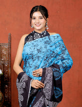 Bagru Block Print Cotton mulmul Sarees With Running Blouse Sky Blue HS-5005