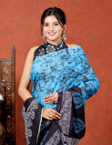 Bagru Block Print Cotton mulmul Sarees With Running Blouse Sky Blue HS-5005