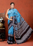 Bagru Block Print Cotton mulmul Sarees With Running Blouse Sky Blue HS-5005