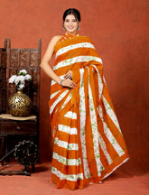 Bagru Block Print Cotton mulmul Sarees With Running Blouse Orange HS-5006