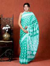 Bagru Block Print Cotton mulmul Sarees With Running Blouse Light Green HS-5007