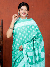 Bagru Block Print Cotton mulmul Sarees With Running Blouse Light Green HS-5007