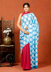 Bagru Block Print Cotton mulmul Sarees With Running Blouse Sky Blue HS-5008