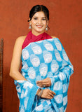 Bagru Block Print Cotton mulmul Sarees With Running Blouse Sky Blue HS-5008
