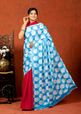 Bagru Block Print Cotton mulmul Sarees With Running Blouse Sky Blue HS-5008