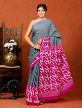 Bagru Block Print Cotton mulmul Sarees With Running Blouse Grey And Pink HS-5009