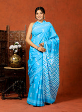 Bagru Block Print Cotton mulmul Sarees With Running Blouse Sky Blue HS-5010