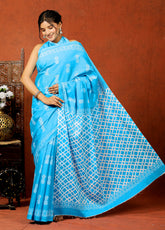 Bagru Block Print Cotton mulmul Sarees With Running Blouse Sky Blue HS-5010