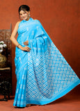 Bagru Block Print Cotton mulmul Sarees With Running Blouse Sky Blue HS-5010