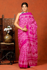 Bagru Block Print Cotton mulmul Sarees With Running Blouse Pink Floral HS-5011