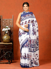 Bagru Block Print Cotton mulmul Sarees With Running Blouse White Blue HS-5012