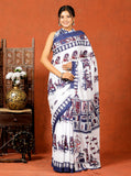 Bagru Block Print Cotton mulmul Sarees With Running Blouse White Blue HS-5012