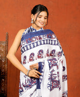 Bagru Block Print Cotton mulmul Sarees With Running Blouse White Blue HS-5012