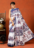 Bagru Block Print Cotton mulmul Sarees With Running Blouse White Blue HS-5012