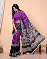 Bagru Block Print Cotton mulmul Sarees With Running Blouse Purple HS-5013