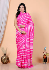 Bagru Block Print Cotton mulmul Sarees With Running Blouse Pink HS-5014