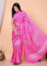 Bagru Block Print Cotton mulmul Sarees With Running Blouse Pink HS-5014