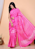 Bagru Block Print Cotton mulmul Sarees With Running Blouse Pink HS-5014