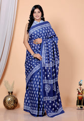 Bagru Block Print Cotton mulmul Sarees With Running Blouse Blue HS-5016