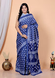Bagru Block Print Cotton mulmul Sarees With Running Blouse Blue HS-5016