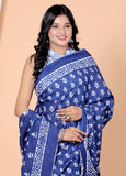 Bagru Block Print Cotton mulmul Sarees With Running Blouse Blue HS-5016