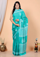 Bagru Block Print Cotton mulmul Sarees With Running Blouse Light Green HS-5017