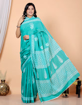 Bagru Block Print Cotton mulmul Sarees With Running Blouse Light Green HS-5017