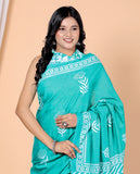Bagru Block Print Cotton mulmul Sarees With Running Blouse Light Green HS-5017