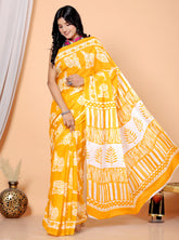 Bagru Block Print Cotton mulmul Sarees With Running Blouse Yellow HS-5018