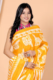 Bagru Block Print Cotton mulmul Sarees With Running Blouse Yellow HS-5018