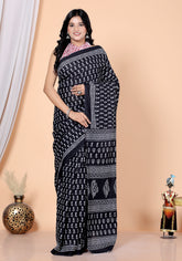 Bagru Block Print Cotton mulmul Sarees With Running Blouse Black HS-5019