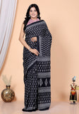 Bagru Block Print Cotton mulmul Sarees With Running Blouse Black HS-5019