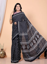 Bagru Block Print Cotton mulmul Sarees With Running Blouse Black HS-5019